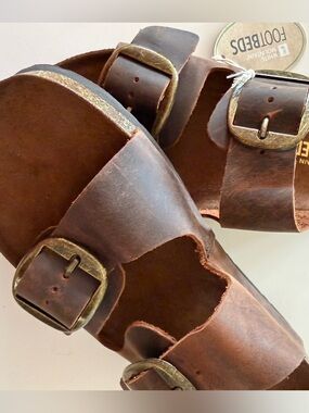 White Mountain Brown Leather Footbed Sandal with Textured Black Sole